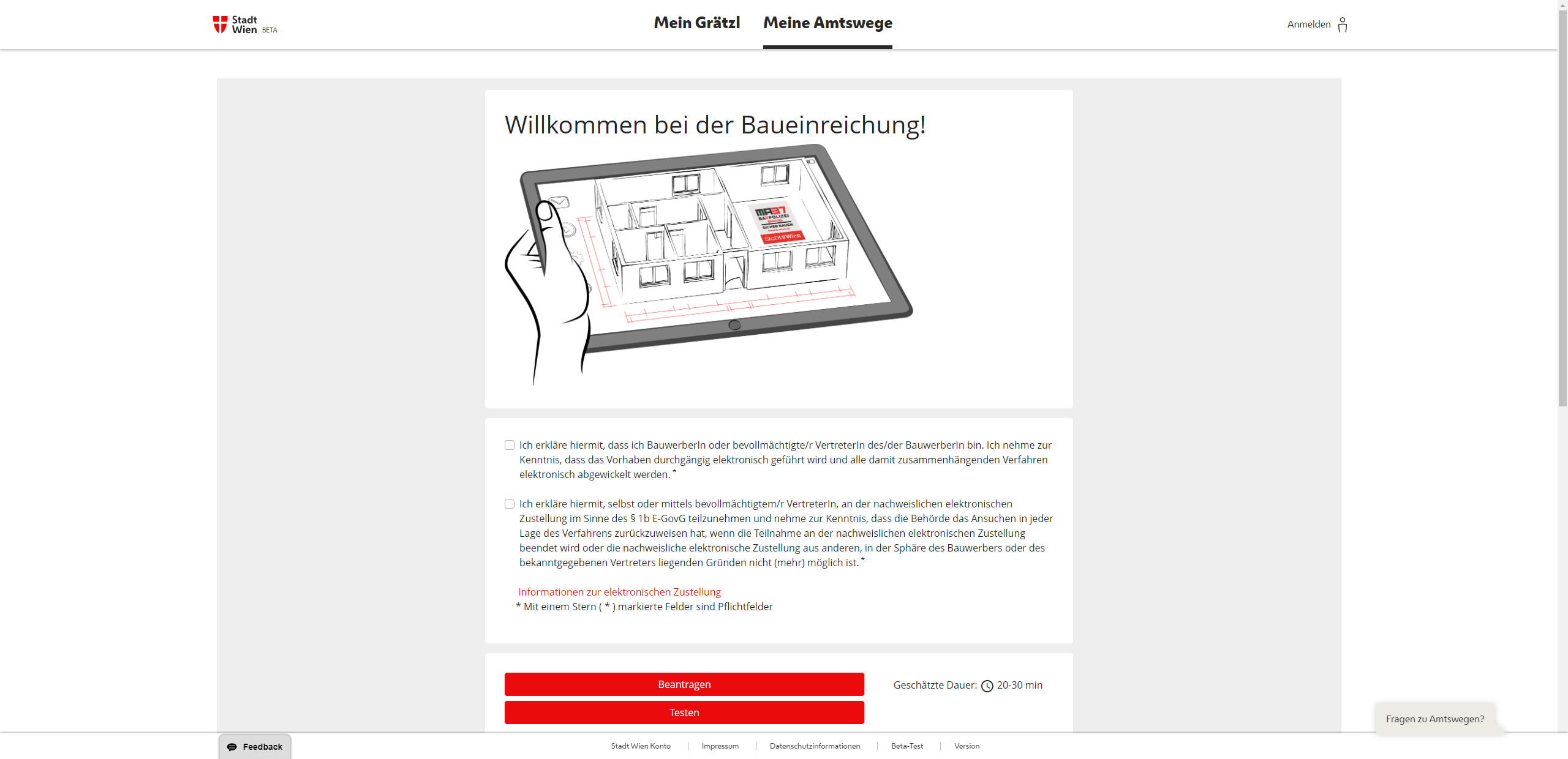 Screenshot Baueinreichung über Mein Wien