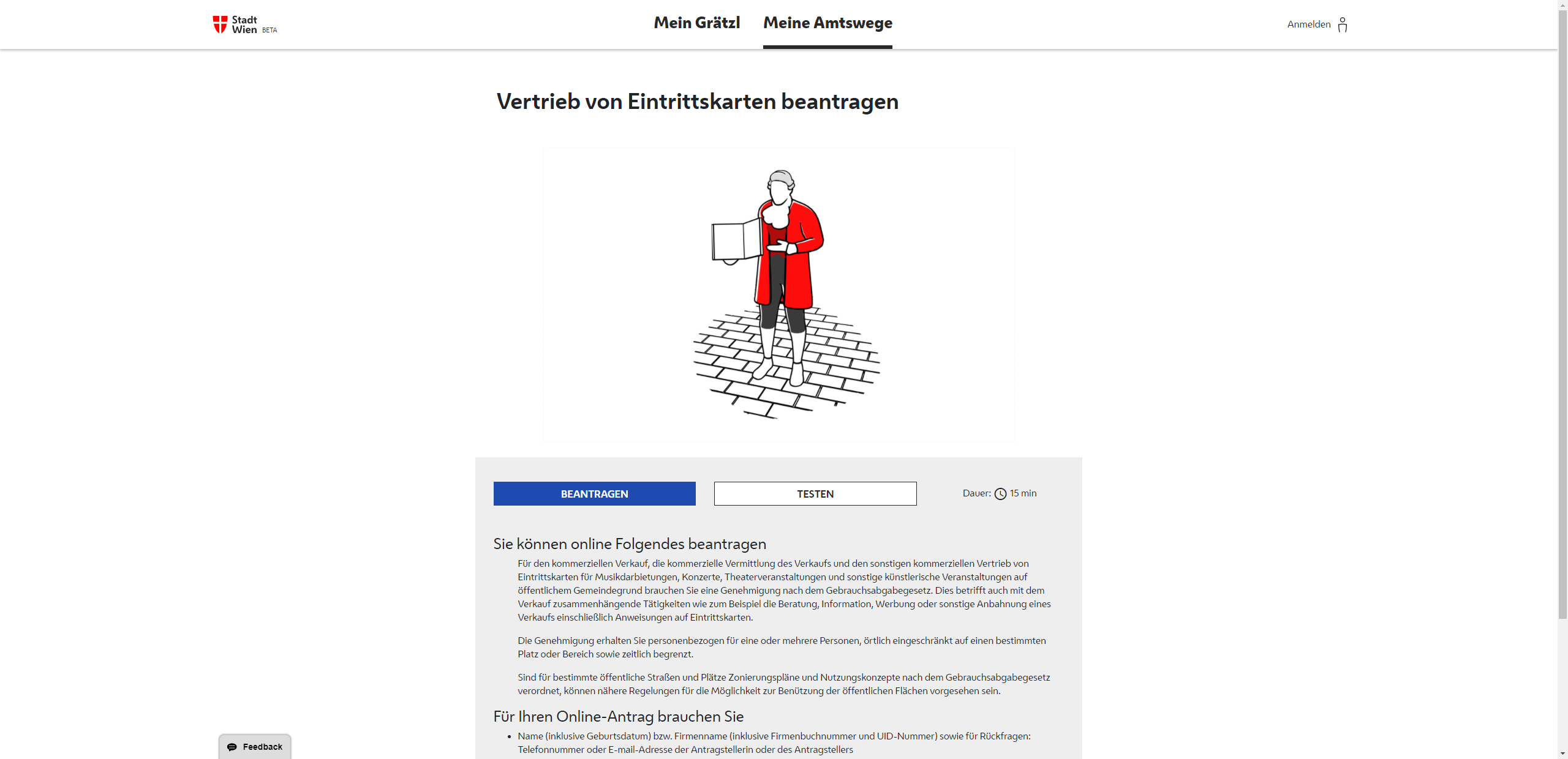 Screenshot Antrag für Vertrieb von Eintrittskarten - Mozartkartenverkäufer über Mein-Wie